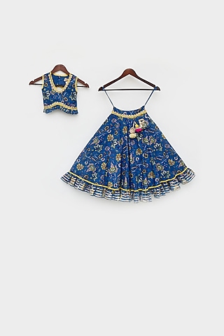 Blue Cotton Printed & Gota Work Lehenga Set For Girls by Fayon Kids