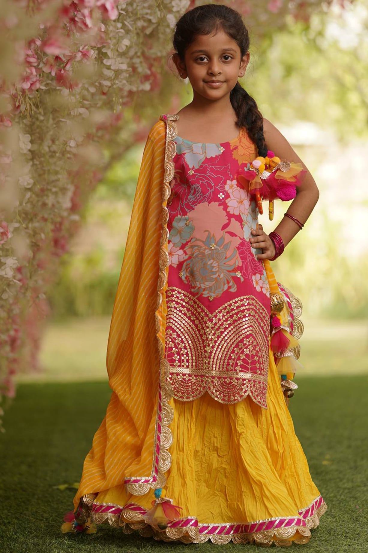 Latest Embroidery Yellow With Pink Sharara Pant For Baby Girls