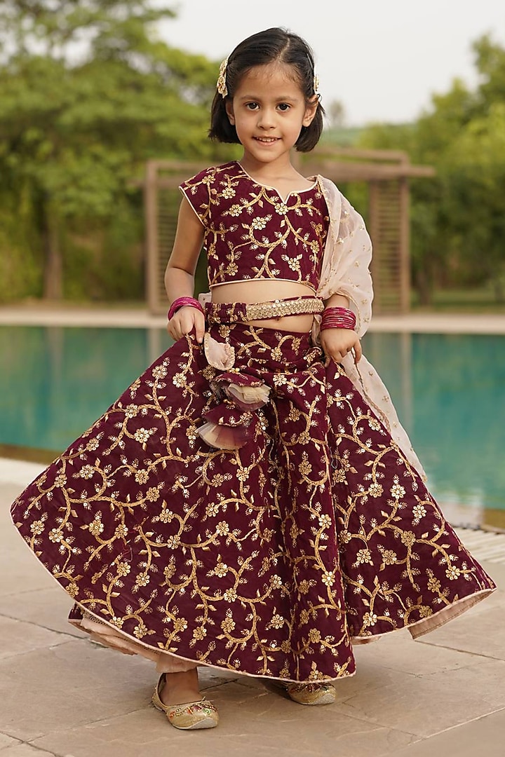 Wine Embroidered Lehenga Set For Girls by Fayon Kids