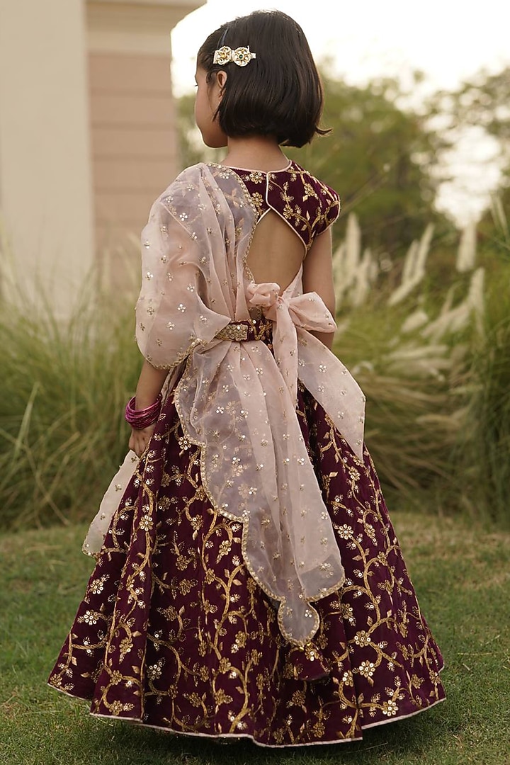 Wine Velvet Embroidered Lehenga Set For Girls by Fayon Kids at Pernia's Pop Up Shop