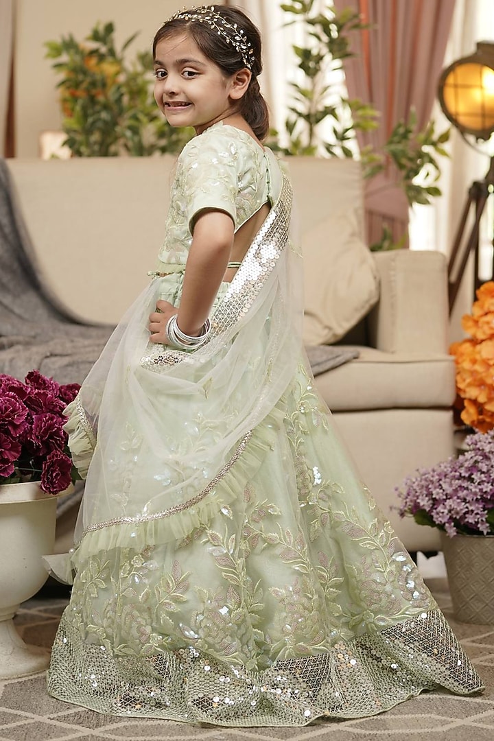 Green Net Sequins Embroidered Lehenga Set For Girls by Fayon Kids at Pernia's Pop Up Shop