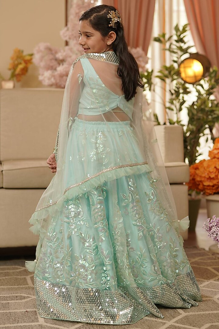 Blue Net Embroidered Lehenga Set For Girls by Fayon Kids at Pernia's Pop Up Shop