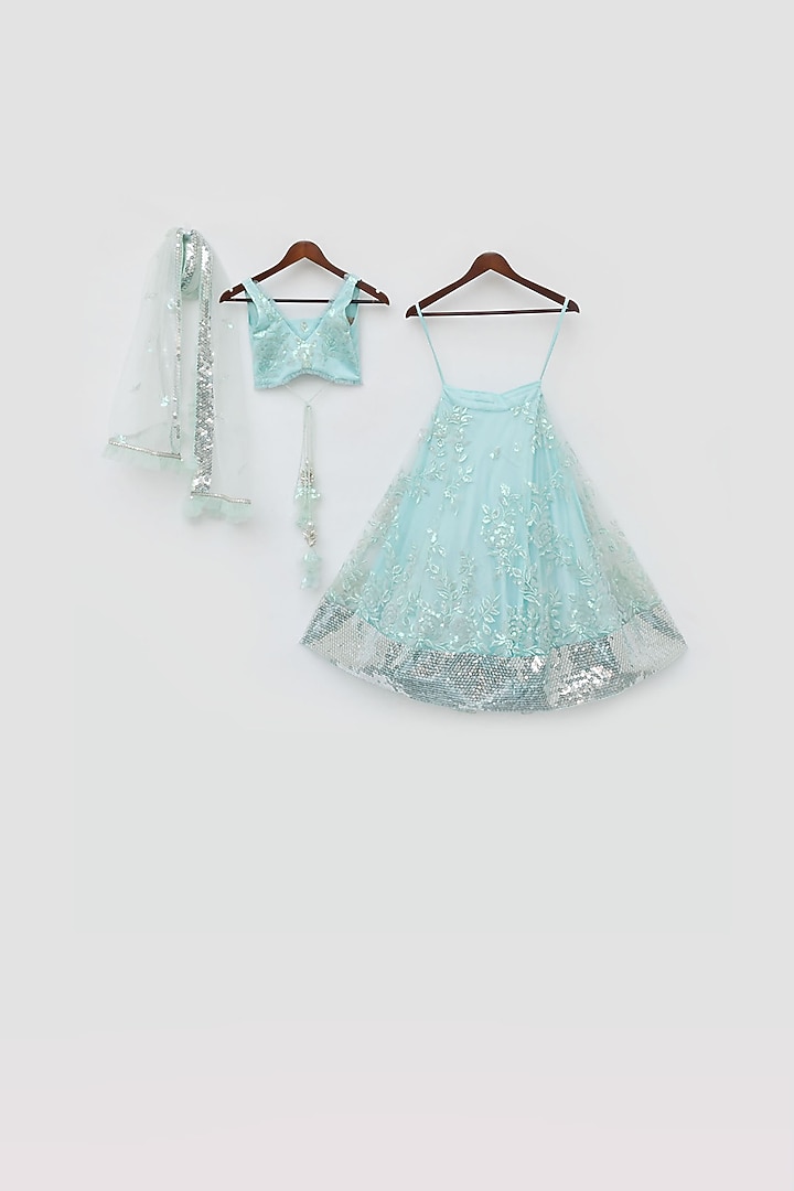 Blue Net Embroidered Lehenga Set For Girls by Fayon Kids at Pernia's Pop Up Shop