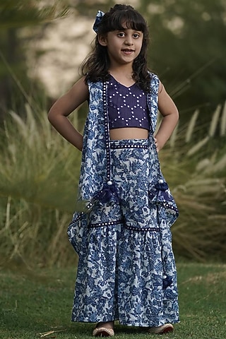 Blue Printed Sharara Set For Girls by Fayon Kids
