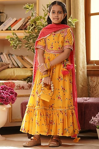Yellow Printed Anarkali Set For Girls by Fayon Kids
