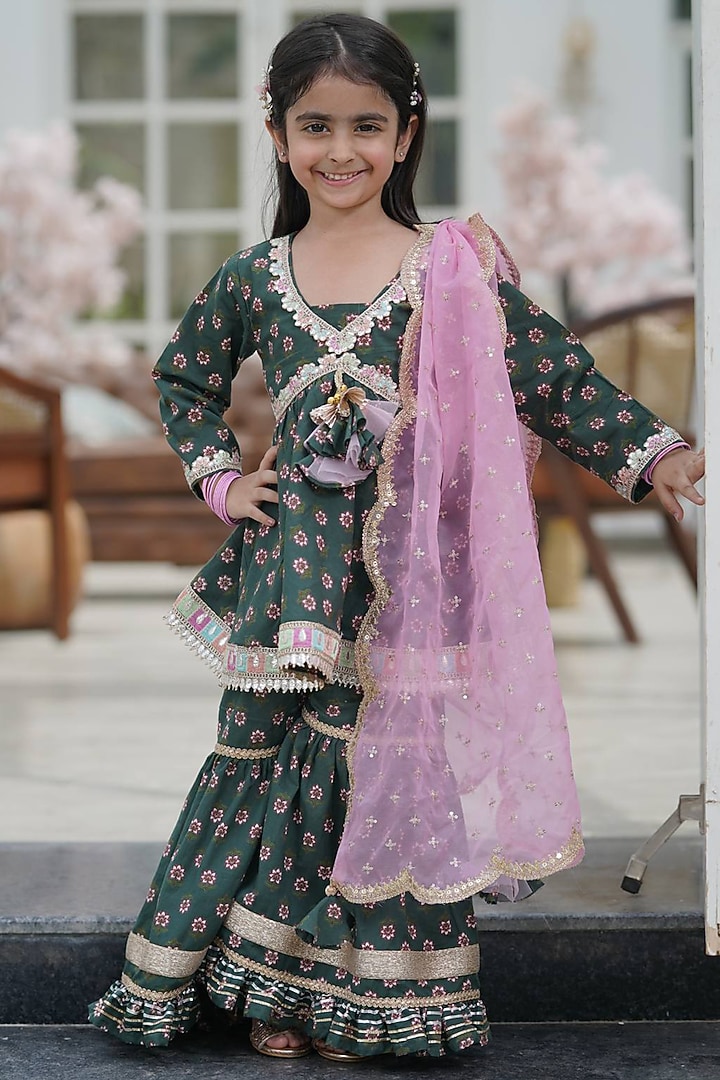 Green Cotton Printed Sharara Set For Girls by Fayon Kids at Pernia's Pop Up Shop