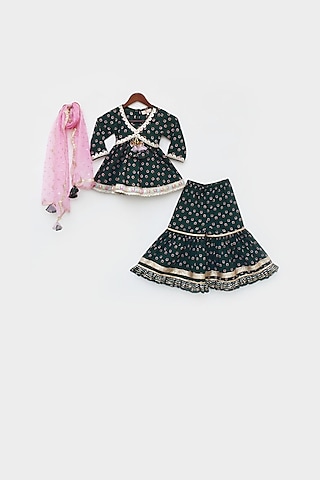 Green Cotton Printed Sharara Set For Girls by Fayon Kids