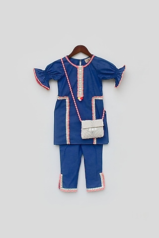 Blue Cotton Denim Mirror Work Kurta Set For Girls by Fayon Kids