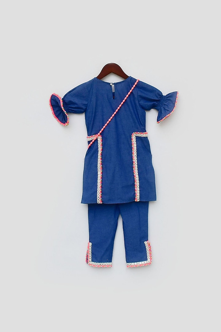 Blue Cotton Denim Mirror Work Kurta Set For Girls by Fayon Kids at Pernia's Pop Up Shop