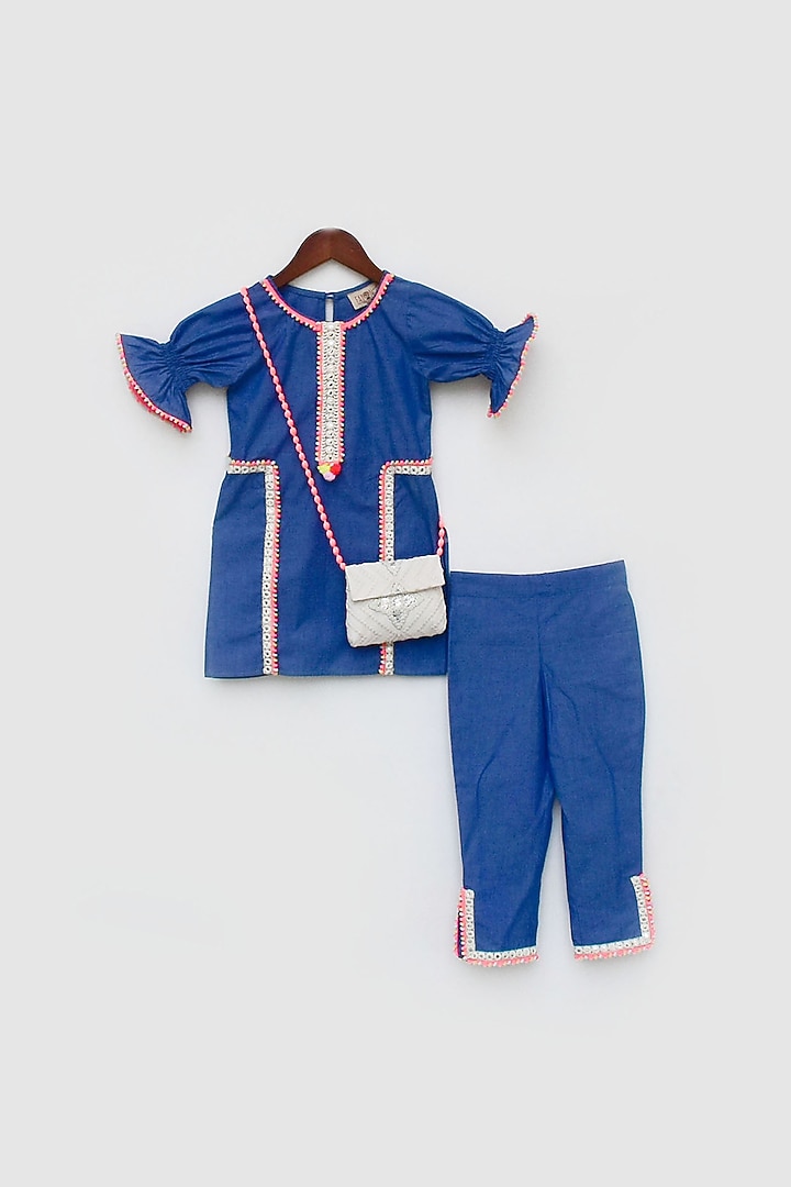 Blue Cotton Denim Mirror Work Kurta Set For Girls by Fayon Kids at Pernia's Pop Up Shop