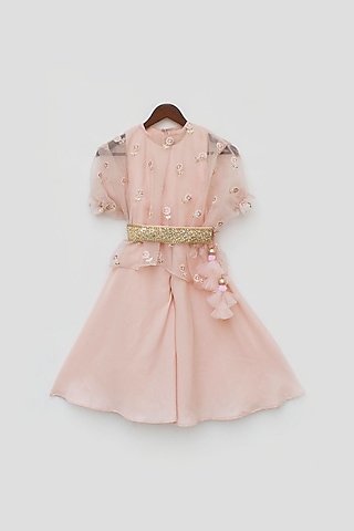 Peach Crepe Jumpsuit With Cape For Girls by Fayon Kids