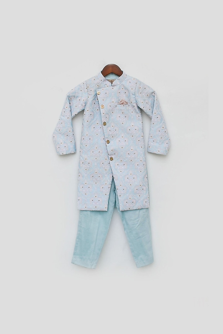 Blue Embroidered Indo Western Set For Boys by Fayon Kids at Pernia's Pop Up Shop