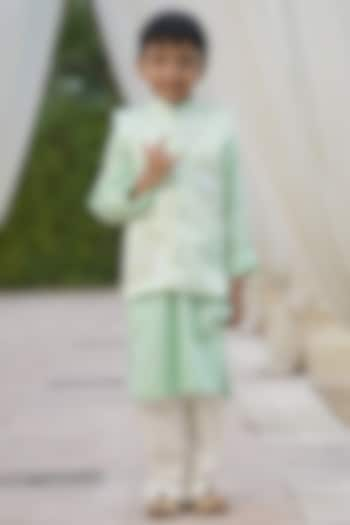 Green Kurta Set With Bundi Jacket For Boys by Fayon Kids