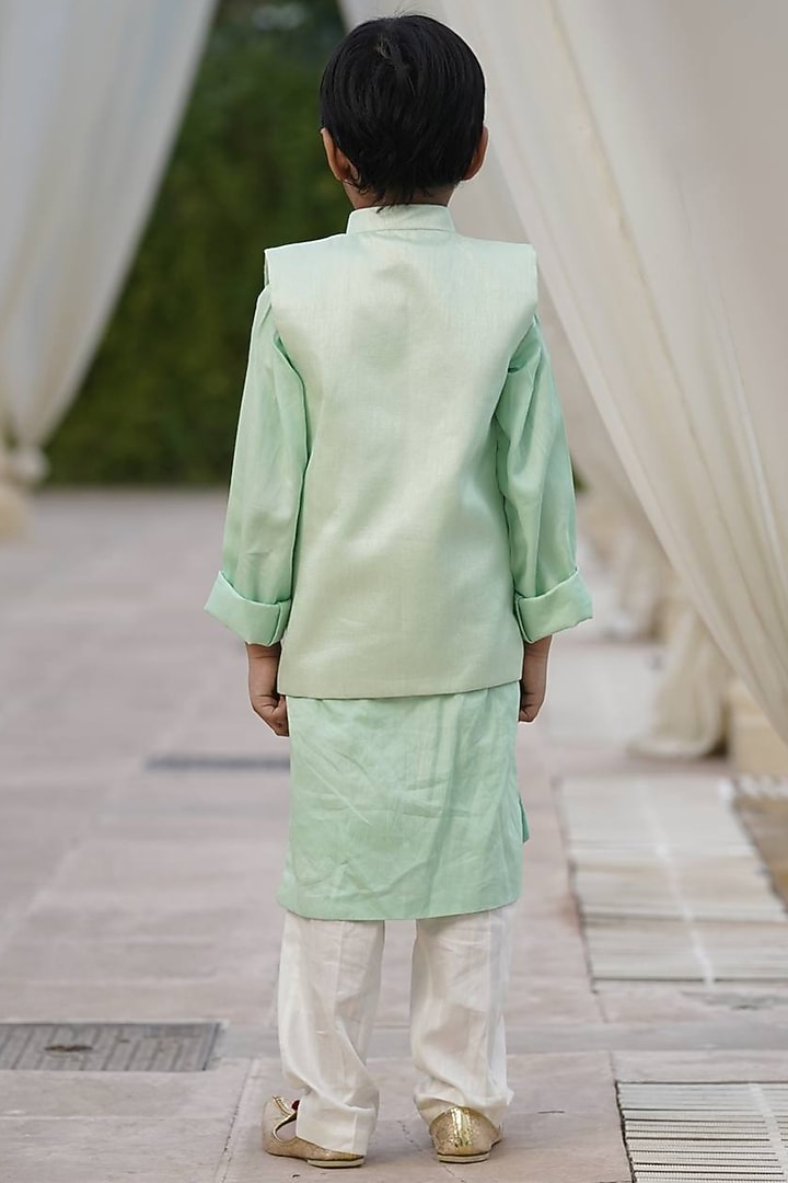 Green Silk Sequins Embroidered Bundi Jacket Set For Boys by Fayon Kids at Pernia's Pop Up Shop