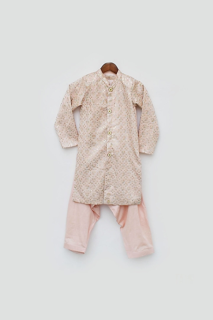 Peach Silk Embroidered Indowestern Set For Boys by Fayon Kids at Pernia's Pop Up Shop