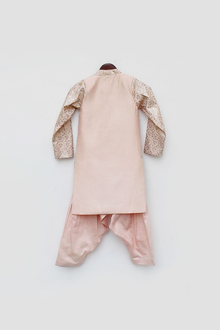 Peach Silk Embroidered Indowestern Set For Boys by Fayon Kids at Pernia's Pop Up Shop