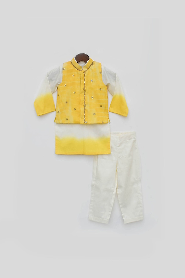 Yellow Organza Printed Bundi Jacket Set For Boys by Fayon Kids at Pernia's Pop Up Shop