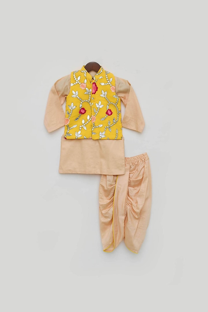 Peach Silk Embroidered Bundi Jacket Set For Boys by Fayon Kids at Pernia's Pop Up Shop