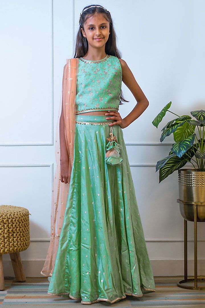 Green Chanderi Embroidered Lehenga Set For Girls by Fayon Kids at Pernia's Pop Up Shop