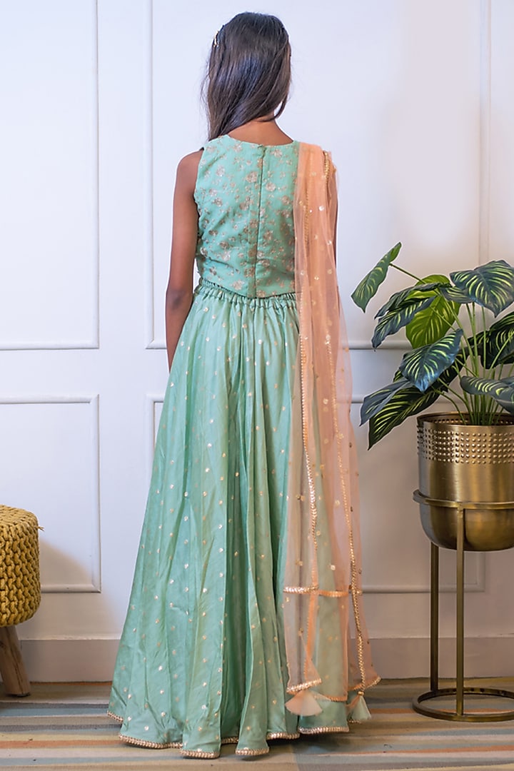 Green Chanderi Embroidered Lehenga Set For Girls by Fayon Kids at Pernia's Pop Up Shop
