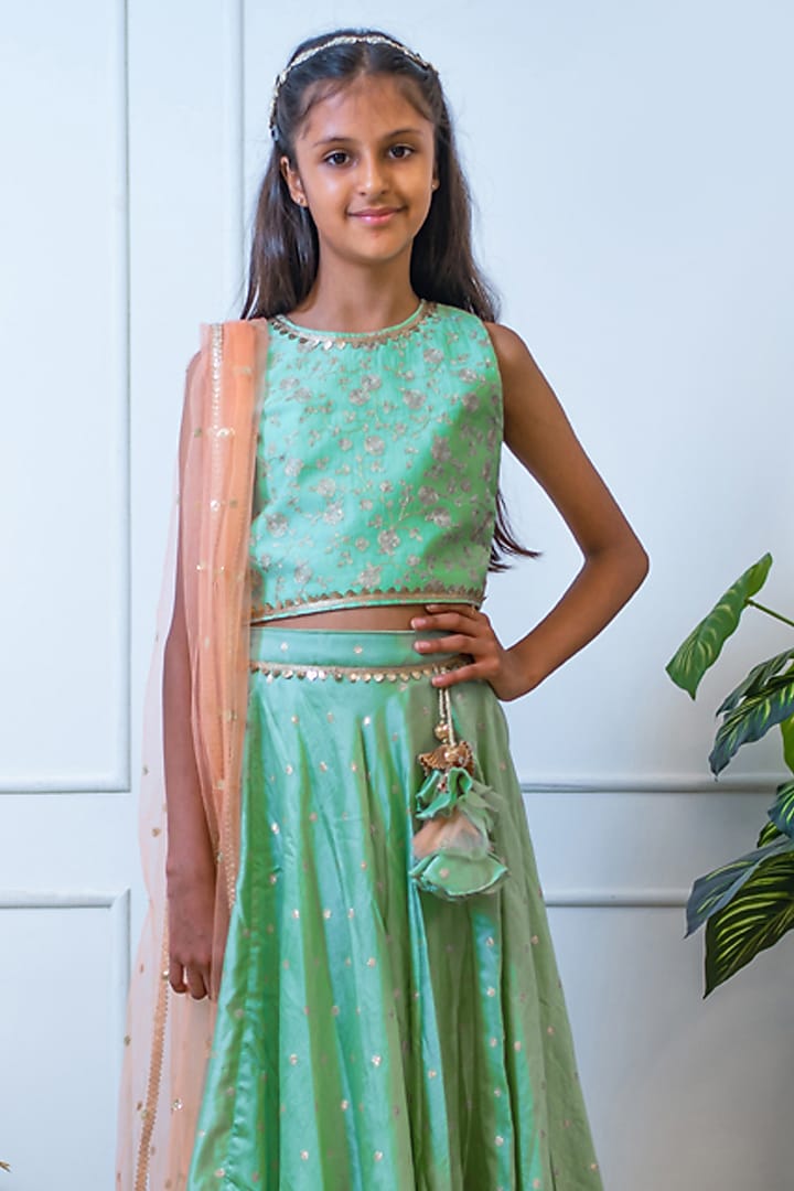 Green Chanderi Embroidered Lehenga Set For Girls by Fayon Kids at Pernia's Pop Up Shop