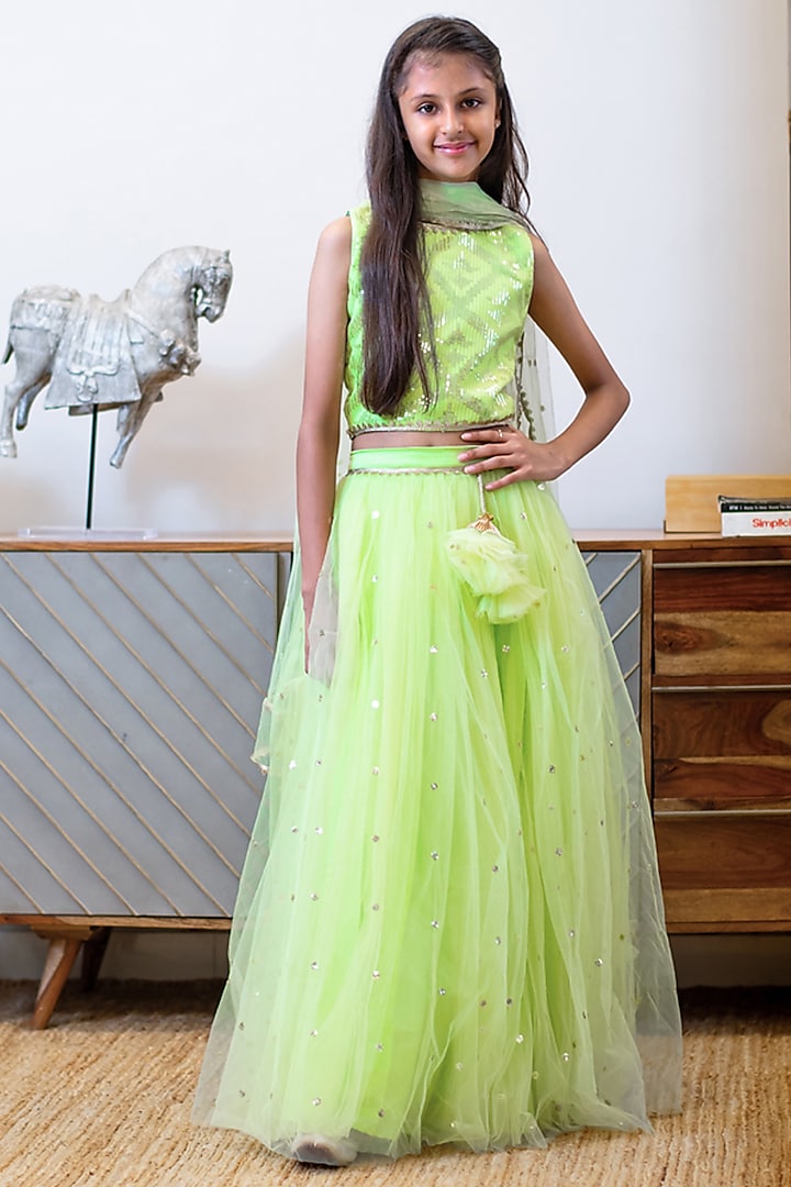 Green Net Embroidered Lehenga Set For Girls by Fayon Kids at Pernia's Pop Up Shop