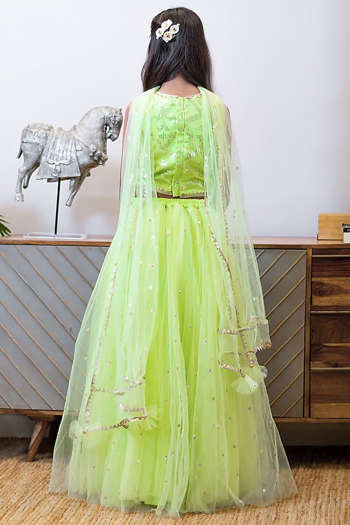 Green Net Embroidered Lehenga Set For Girls by Fayon Kids at Pernia's Pop Up Shop