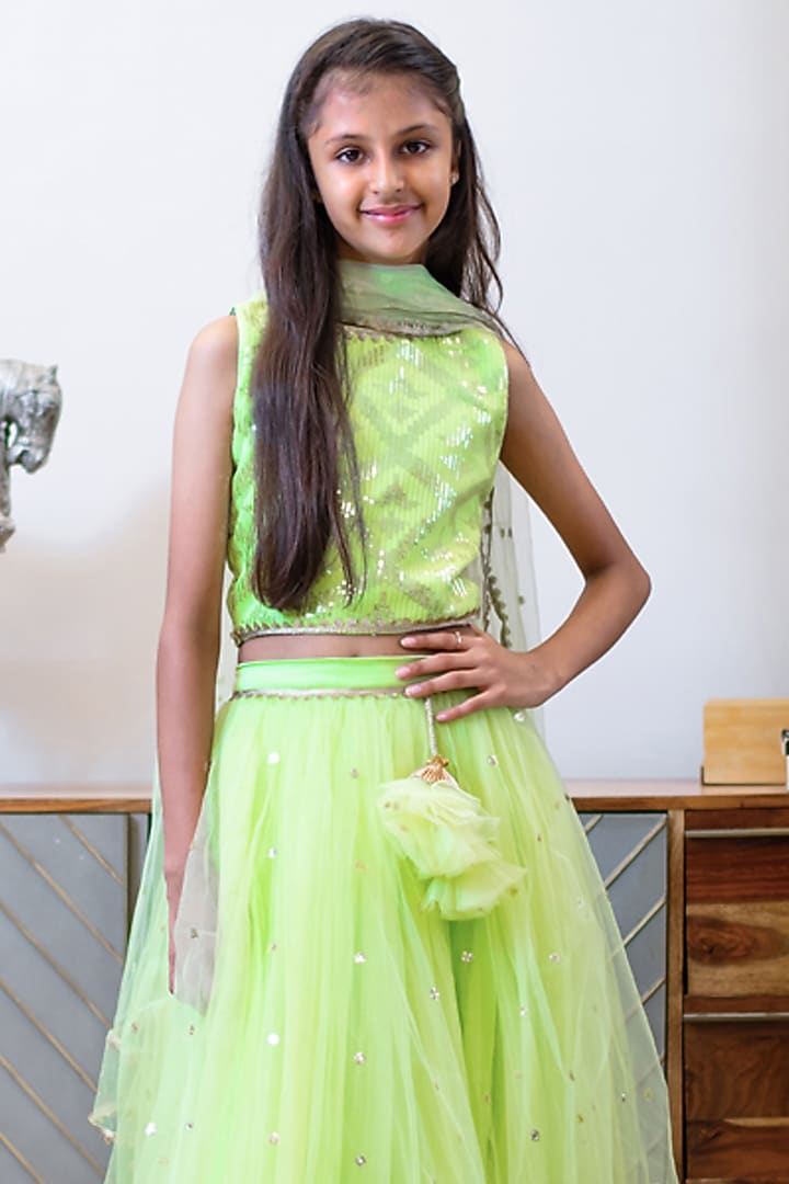 Green Net Embroidered Lehenga Set For Girls by Fayon Kids at Pernia's Pop Up Shop