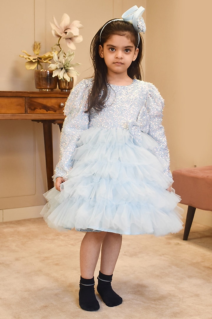 Blue Net Embroidered Dress For Girls by Fayon Kids at Pernia's Pop Up Shop