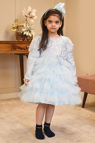 Blue Net Embroidered Dress For Girls by Fayon Kids