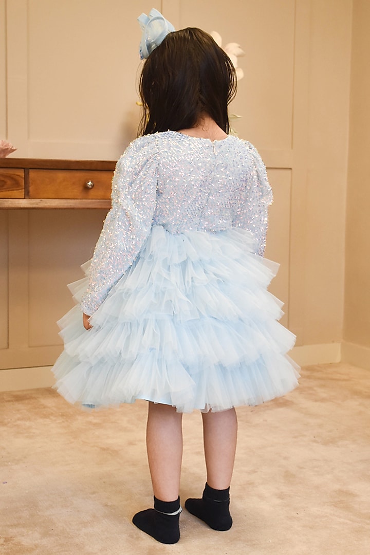 Blue Net Embroidered Dress For Girls by Fayon Kids at Pernia's Pop Up Shop
