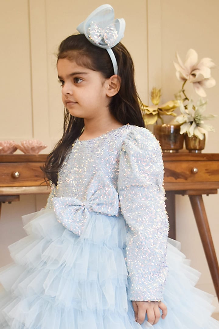 Blue Net Embroidered Dress For Girls by Fayon Kids at Pernia's Pop Up Shop