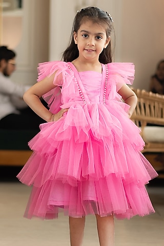 Pink Net Embroidered Dress For Girls by Fayon Kids