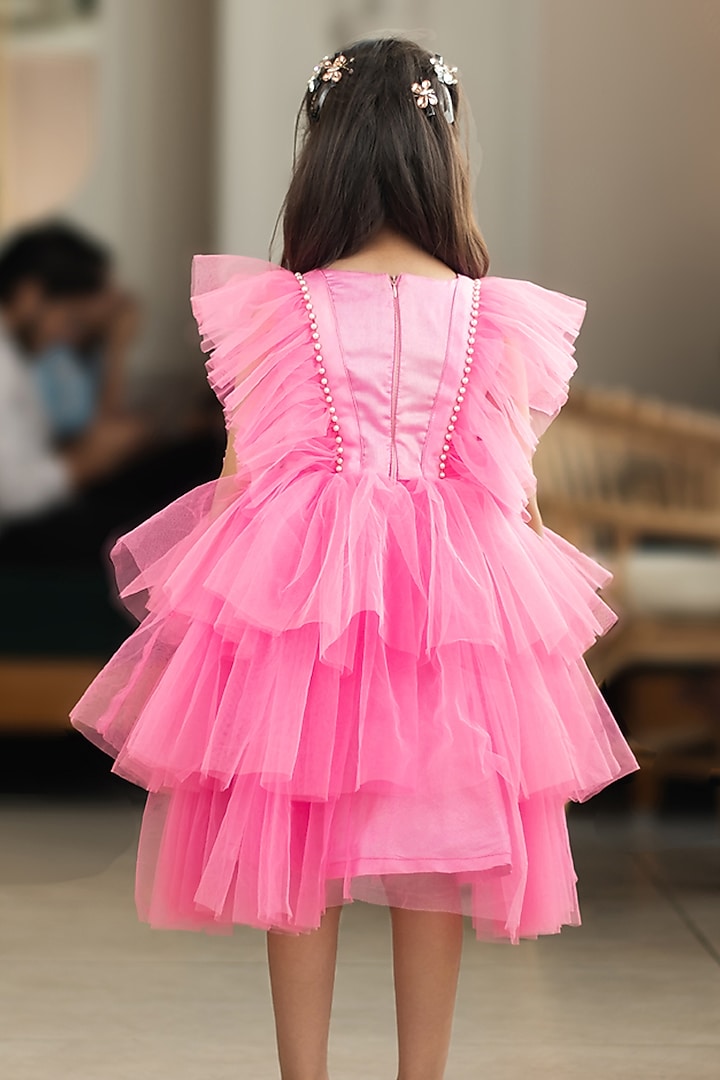 Pink Net Embroidered Dress For Girls by Fayon Kids at Pernia's Pop Up Shop