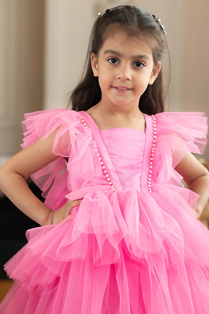 Pink Net Embroidered Dress For Girls by Fayon Kids at Pernia's Pop Up Shop