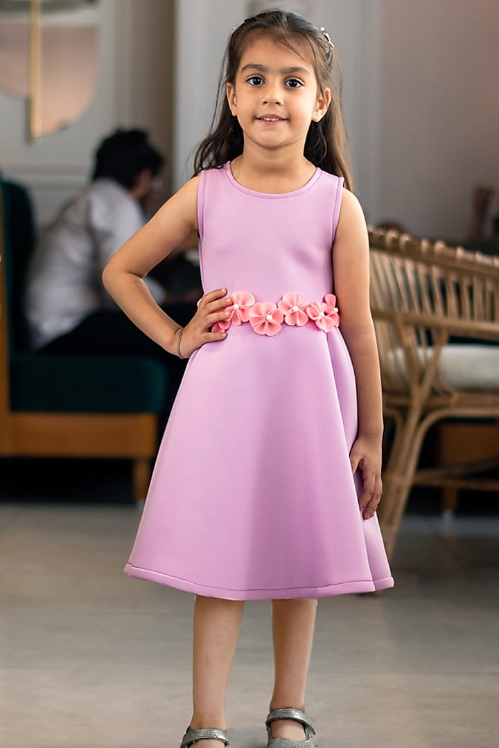 Lilac Neoprene Embroidered Dress For Girls by Fayon Kids at Pernia's Pop Up Shop