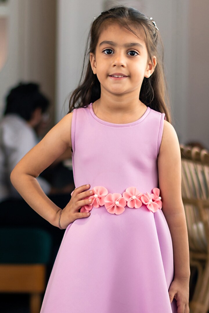 Lilac Neoprene Embroidered Dress For Girls by Fayon Kids at Pernia's Pop Up Shop
