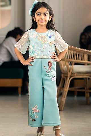 Blue Neoprene Embroidered Jumpsuit For Girls by Fayon Kids