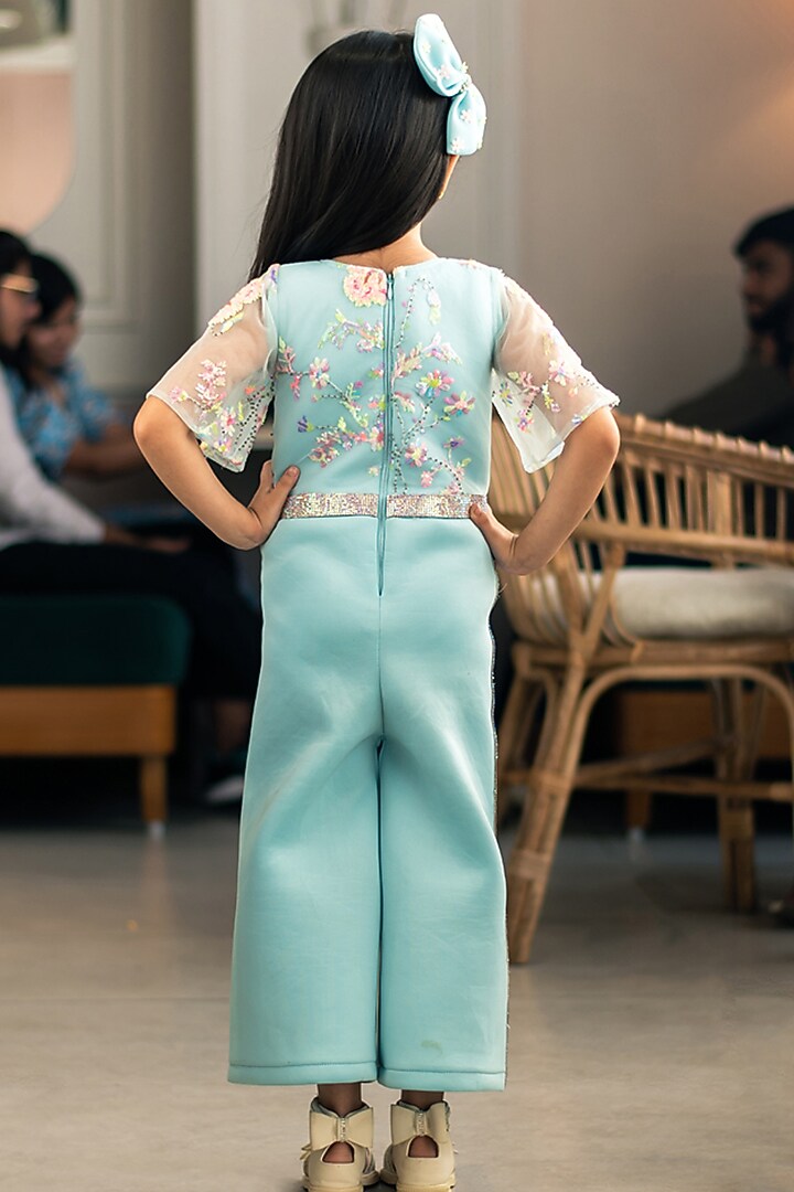 Blue Neoprene Embroidered Jumpsuit For Girls by Fayon Kids at Pernia's Pop Up Shop