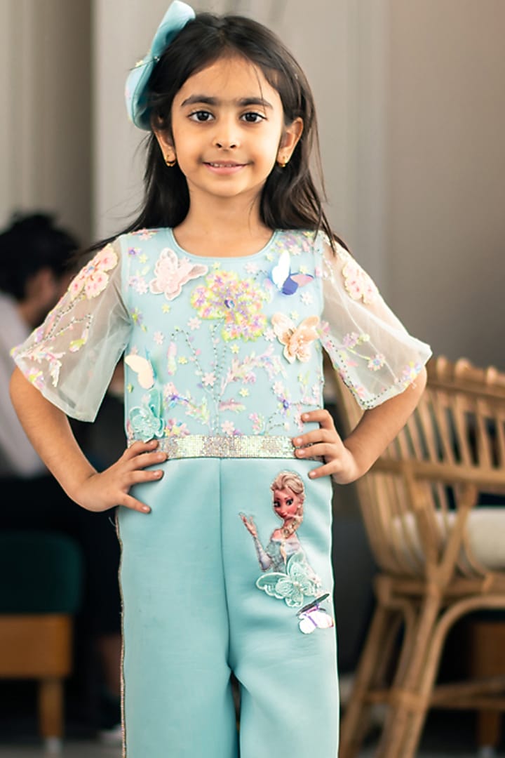 Blue Neoprene Embroidered Jumpsuit For Girls by Fayon Kids at Pernia's Pop Up Shop
