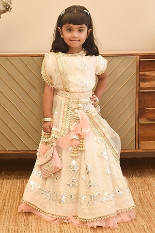 Off-white Georgette Gotta Embroidered Lehenga Set For Girls by Fayon Kids