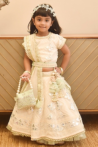 Off-white Georgette Gotta Embroidered Lehenga Set For Girls by Fayon Kids