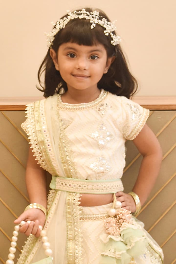 Off-white Georgette Gotta Embroidered Lehenga Set For Girls by Fayon Kids at Pernia's Pop Up Shop