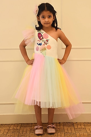 Multi-Colored Net Embroidered High-Low Dress For Girls by Fayon Kids