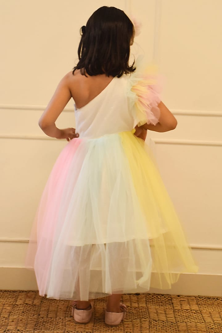 Multi-Colored Net Embroidered High-Low Dress For Girls by Fayon Kids at Pernia's Pop Up Shop