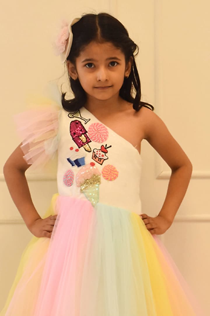 Multi-Colored Net Embroidered High-Low Dress For Girls by Fayon Kids at Pernia's Pop Up Shop