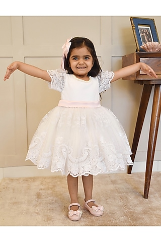 Off-white Organza Embroidered Dress For Girls by Fayon Kids