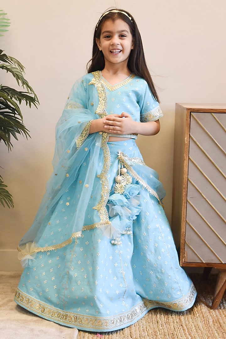 Blue Chanderi Embroidered Lehenga Set For Girls by Fayon Kids at Pernia's Pop Up Shop