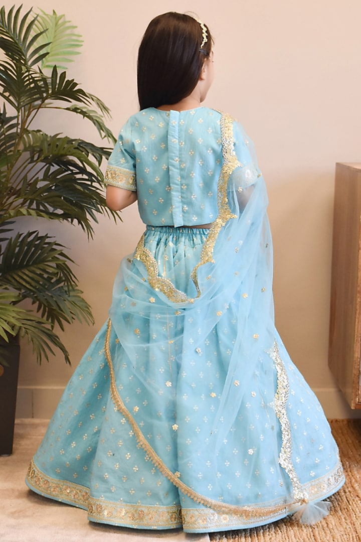 Blue Chanderi Embroidered Lehenga Set For Girls by Fayon Kids at Pernia's Pop Up Shop