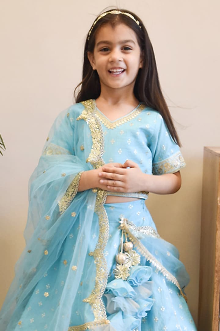Blue Chanderi Embroidered Lehenga Set For Girls by Fayon Kids at Pernia's Pop Up Shop